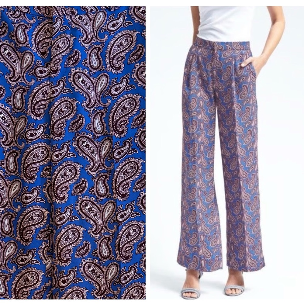Banana Republic Blue and Brown Paisley Print Wide-Leg Pants High Rise Statement